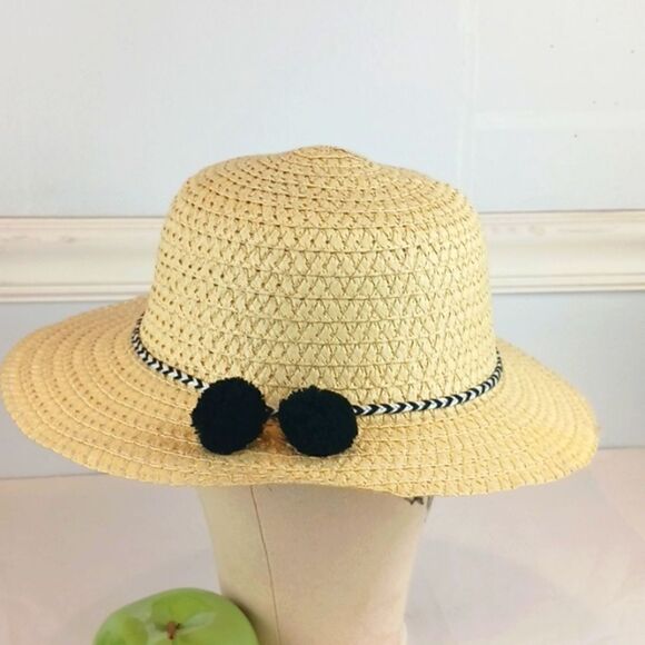 Boho cream sun hat with black/white braid and black pom pom - Picture 2 of 6